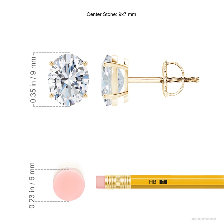 9x7mm FGVS Lab-Grown Oval Diamond Solitaire Stud Earrings in 18K Yellow Gold ruler