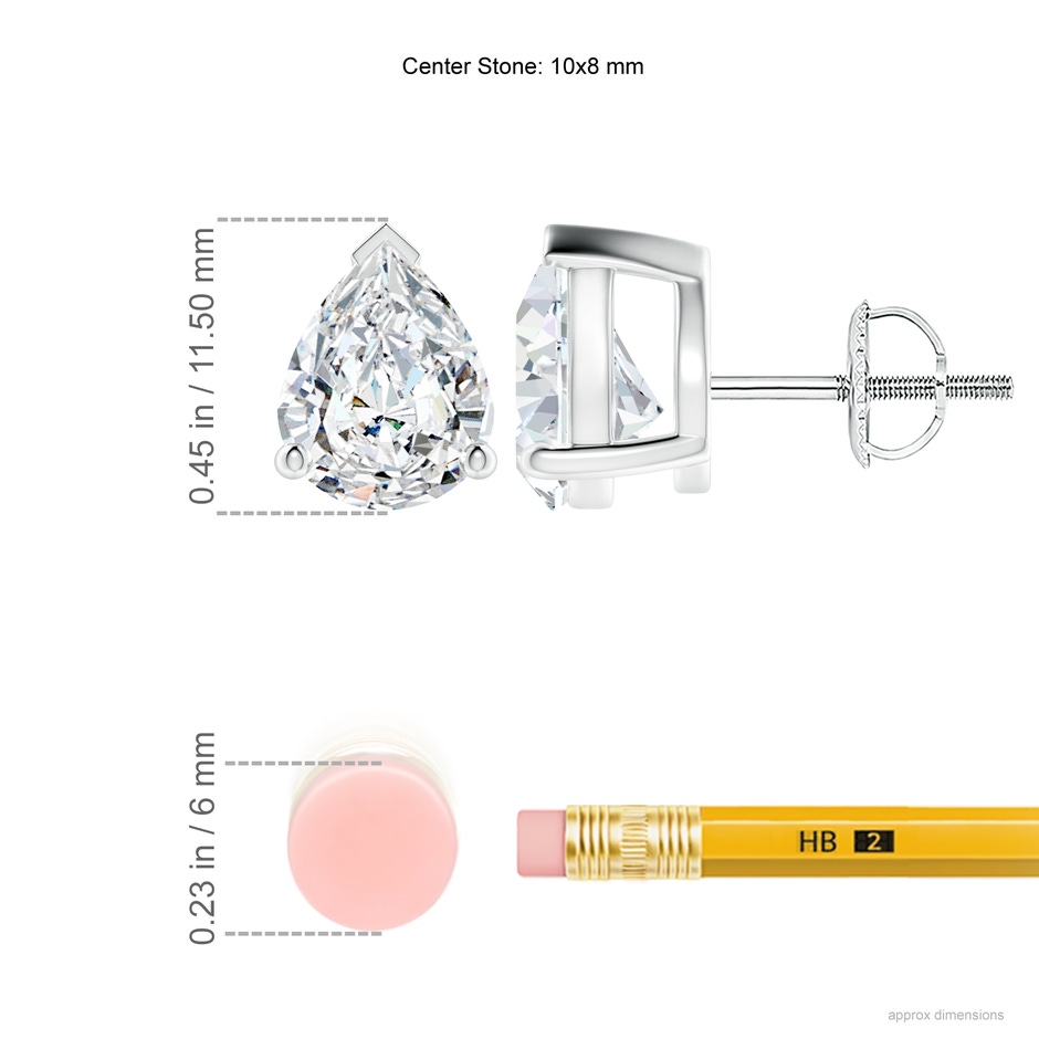 10x8mm FGVS Lab-Grown Pear-Shaped Diamond Solitaire Stud Earrings in P950 Platinum ruler