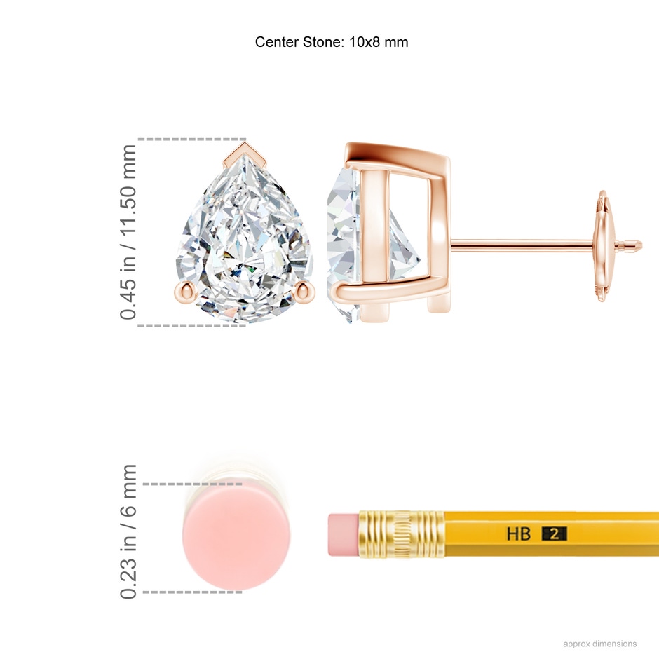 10x8mm FGVS Lab-Grown Pear-Shaped Diamond Solitaire Stud Earrings in Rose Gold ruler