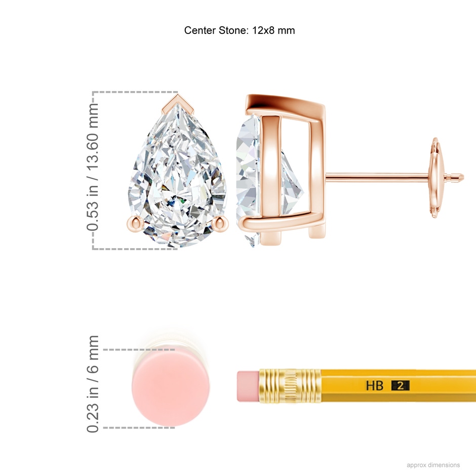 12x8mm FGVS Lab-Grown Pear-Shaped Diamond Solitaire Stud Earrings in Rose Gold ruler