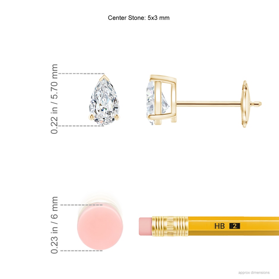 5x3mm FGVS Lab-Grown Pear-Shaped Diamond Solitaire Stud Earrings in 18K Yellow Gold ruler