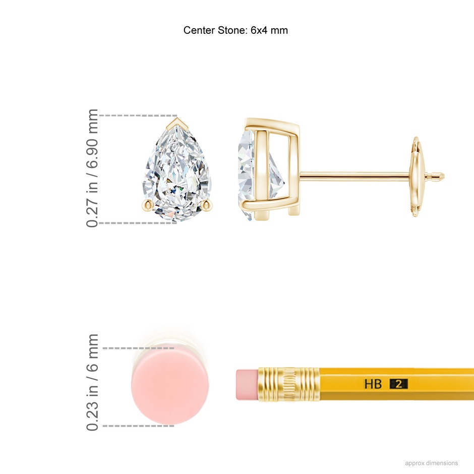 6x4mm FGVS Lab-Grown Pear-Shaped Diamond Solitaire Stud Earrings in 9K Yellow Gold ruler