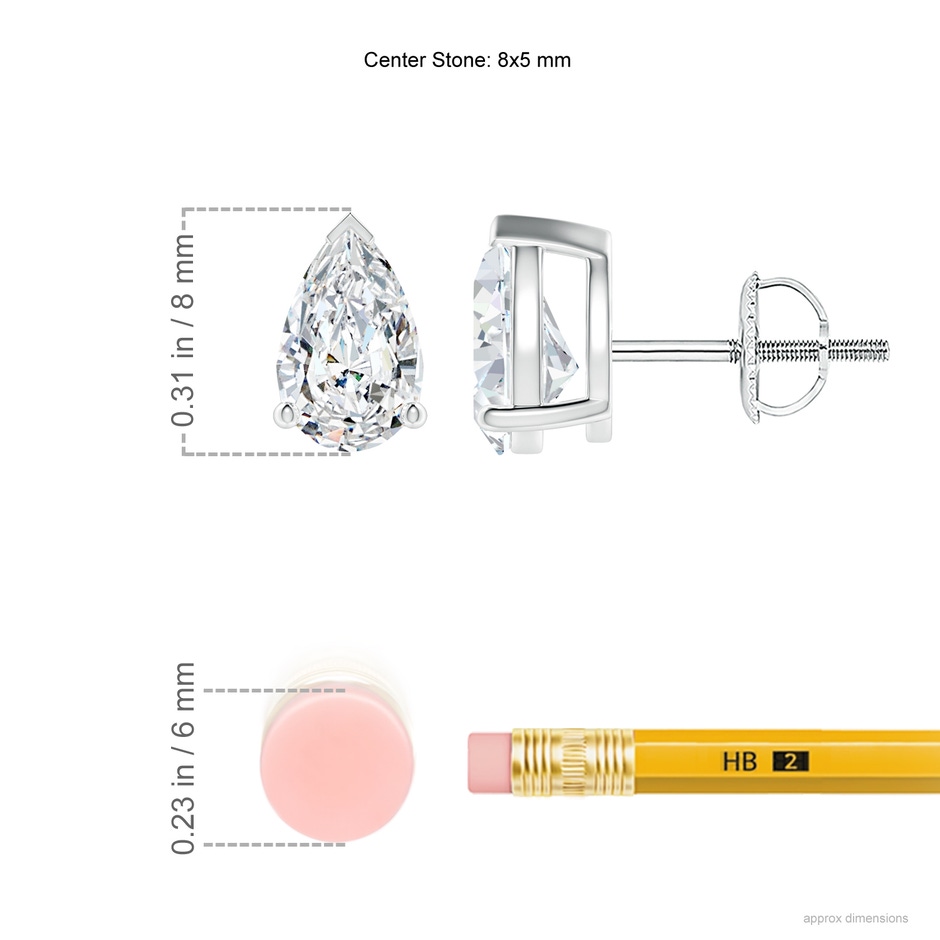 8x5mm FGVS Lab-Grown Pear-Shaped Diamond Solitaire Stud Earrings in P950 Platinum ruler