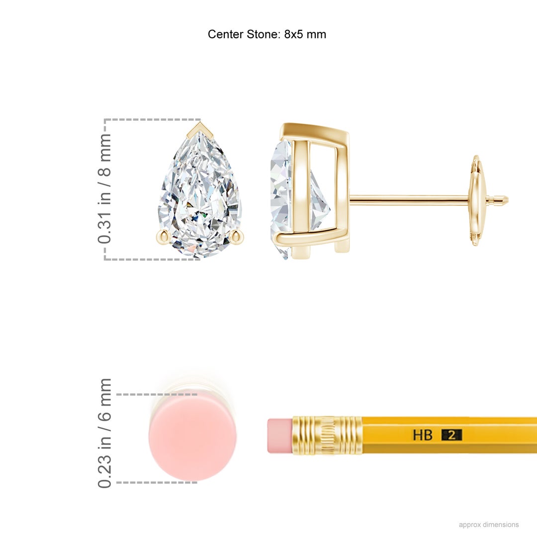 8x5mm FGVS Lab-Grown Pear-Shaped Diamond Solitaire Stud Earrings in Yellow Gold - ruler