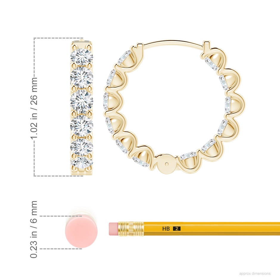 4mm FGVS Lab-Grown Prong-Set Diamond Inside Out Hoop Earrings in Yellow Gold ruler