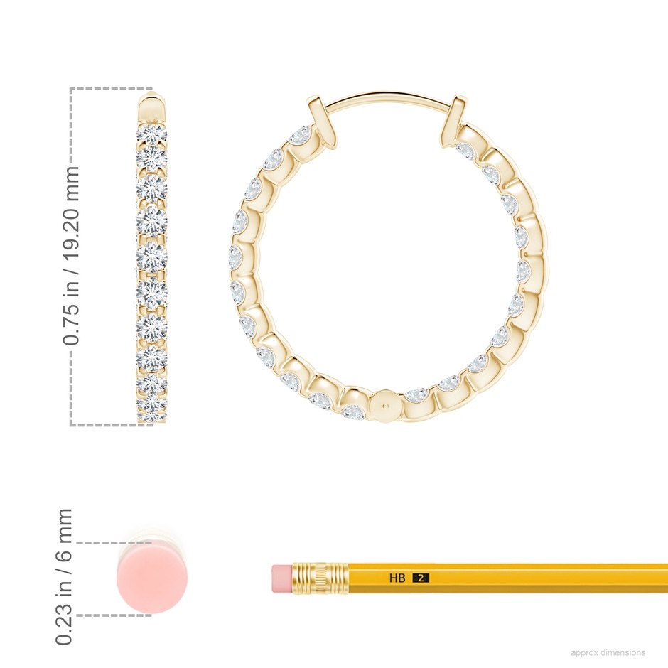 1.75mm FGVS Lab-Grown Prong-Set Diamond Inside Out Hoop Earrings in Yellow Gold ruler