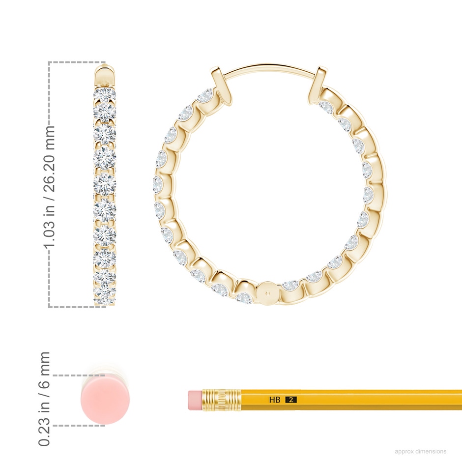 2.3mm FGVS Lab-Grown Prong-Set Diamond Inside Out Hoop Earrings in Yellow Gold ruler