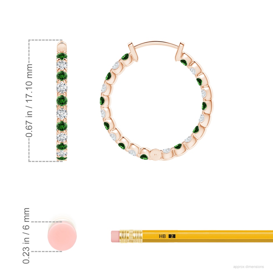 1.5mm Labgrown Lab-Grown Prong-Set Emerald and Diamond Inside Out Hoop Earrings in Rose Gold ruler