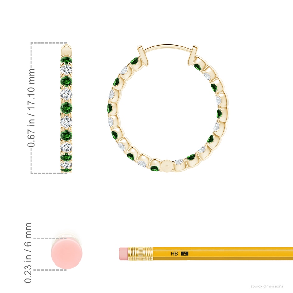 1.5mm Labgrown Lab-Grown Prong-Set Emerald and Diamond Inside Out Hoop Earrings in Yellow Gold ruler
