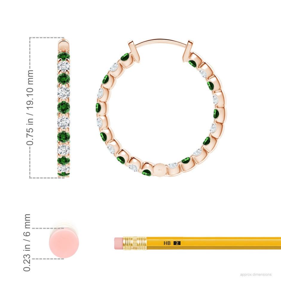 1.7mm Labgrown Lab-Grown Prong-Set Emerald and Diamond Inside Out Hoop Earrings in Rose Gold ruler