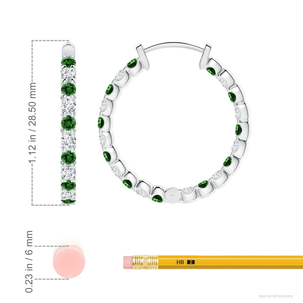 2.5mm Labgrown Lab-Grown Prong-Set Emerald and Diamond Inside Out Hoop Earrings in White Gold ruler