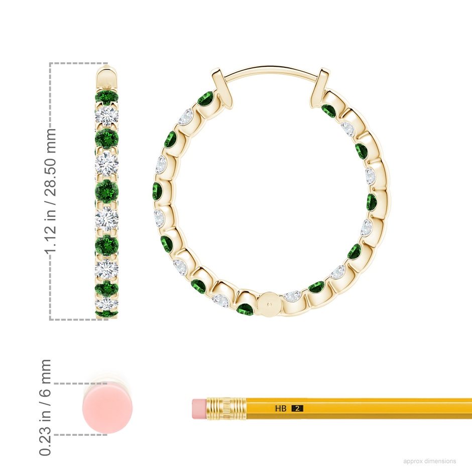 2.5mm Labgrown Lab-Grown Prong-Set Emerald and Diamond Inside Out Hoop Earrings in Yellow Gold ruler