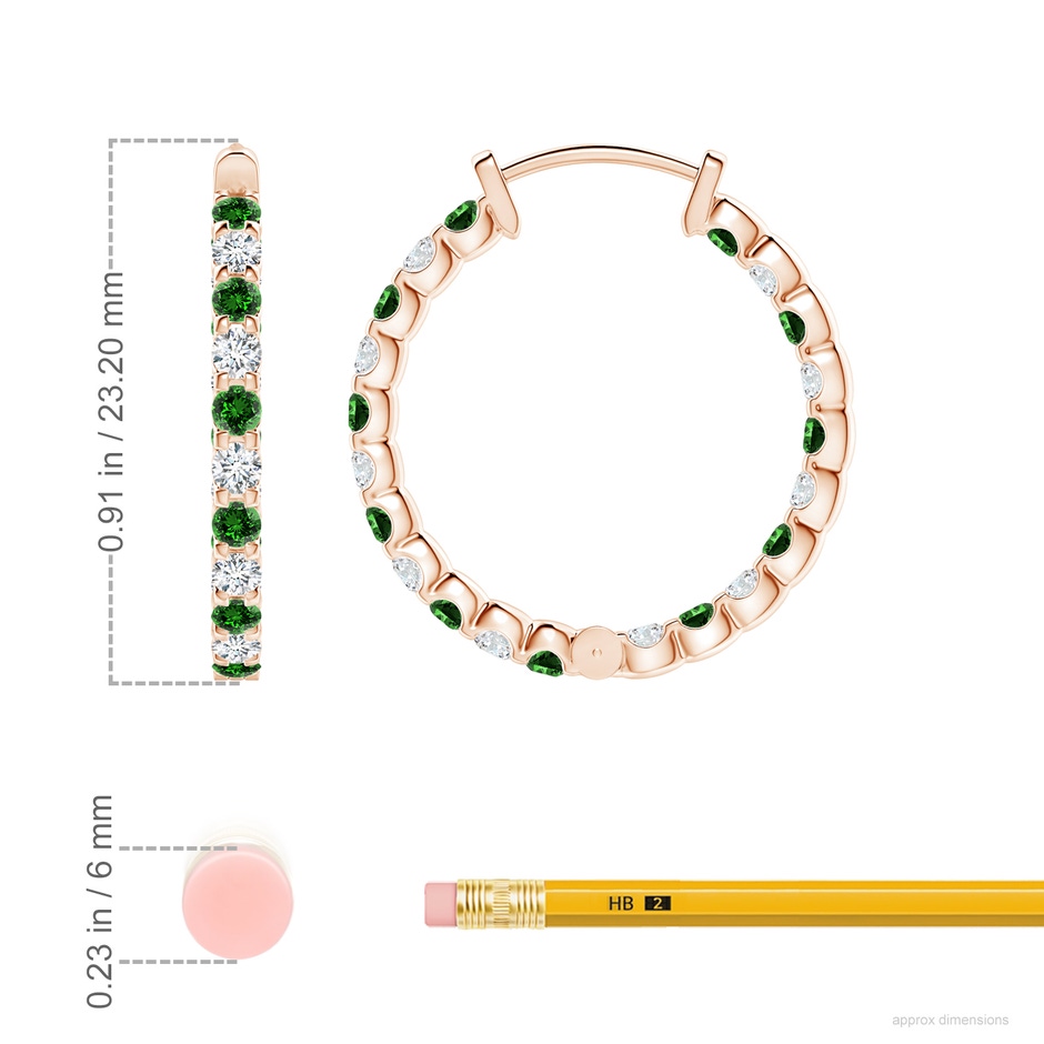 2mm Labgrown Lab-Grown Prong-Set Emerald and Diamond Inside Out Hoop Earrings in Rose Gold ruler
