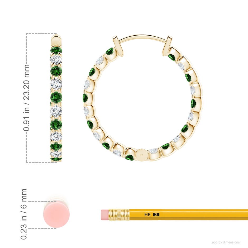 2mm Labgrown Lab-Grown Prong-Set Emerald and Diamond Inside Out Hoop Earrings in Yellow Gold ruler