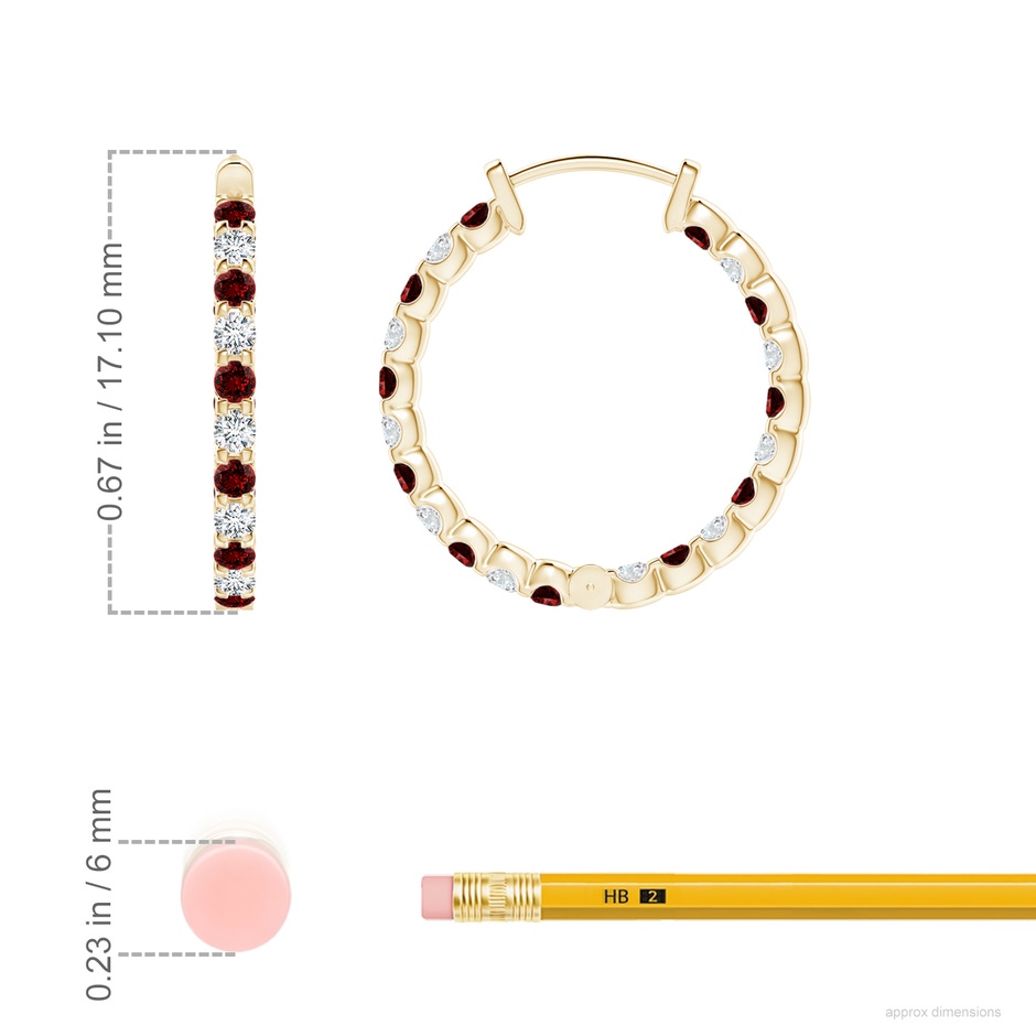 1.5mm Labgrown Lab-Grown Prong-Set Ruby and Lab Diamond Inside Out Hoop Earrings in Yellow Gold ruler