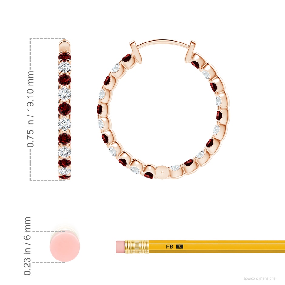 1.7mm Labgrown Lab-Grown Prong-Set Ruby and Lab Diamond Inside Out Hoop Earrings in Rose Gold ruler