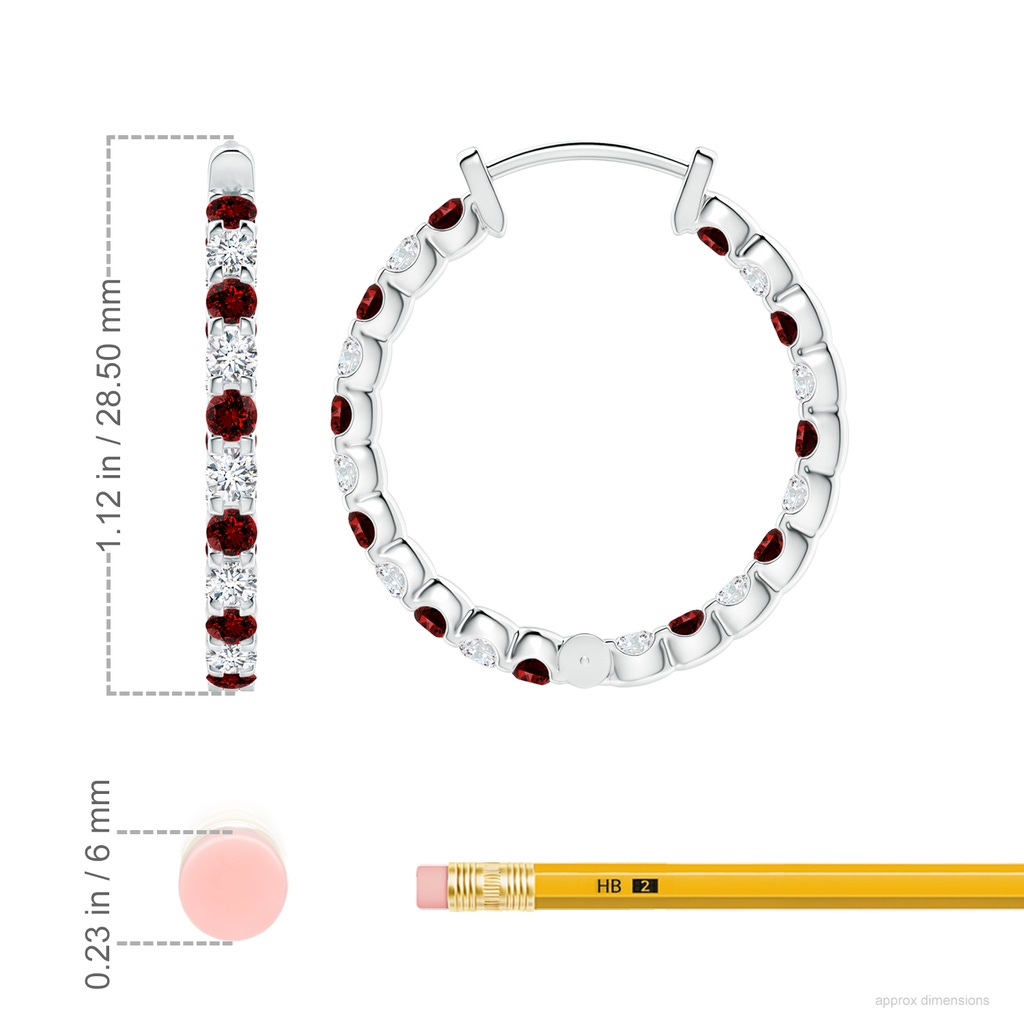 2.5mm Labgrown Lab-Grown Prong-Set Ruby and Diamond Inside Out Hoop Earrings in P950 Platinum ruler
