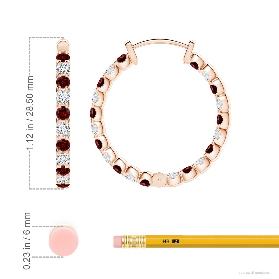 2.5mm Labgrown Lab-Grown Prong-Set Ruby and Lab Diamond Inside Out Hoop Earrings in Rose Gold ruler