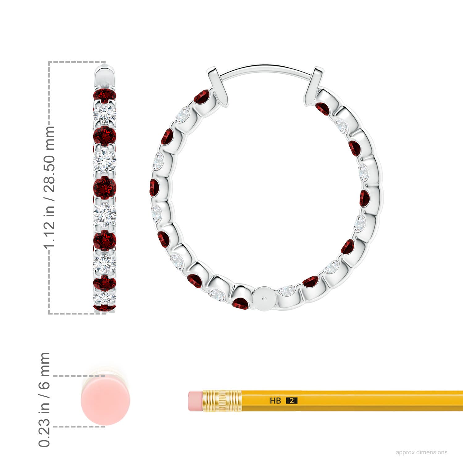 2.5mm Labgrown Lab-Grown Prong-Set Ruby and Lab Diamond Inside Out Hoop Earrings in White Gold - ruler