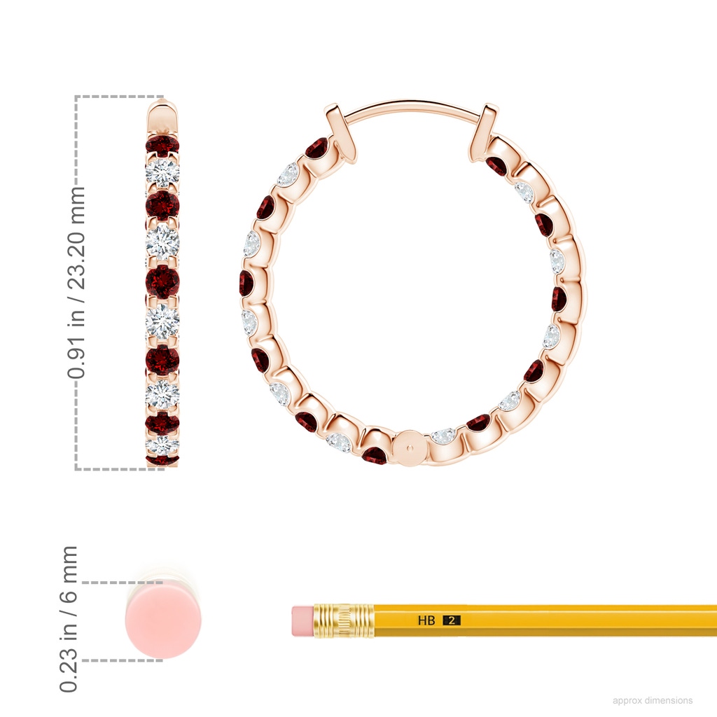 2mm Labgrown Lab-Grown Prong-Set Ruby and Diamond Inside Out Hoop Earrings in Rose Gold ruler
