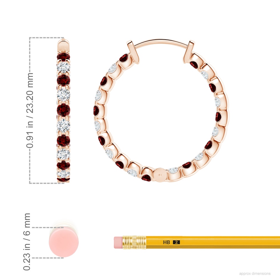 2mm Labgrown Lab-Grown Prong-Set Ruby and Lab Diamond Inside Out Hoop Earrings in Rose Gold ruler