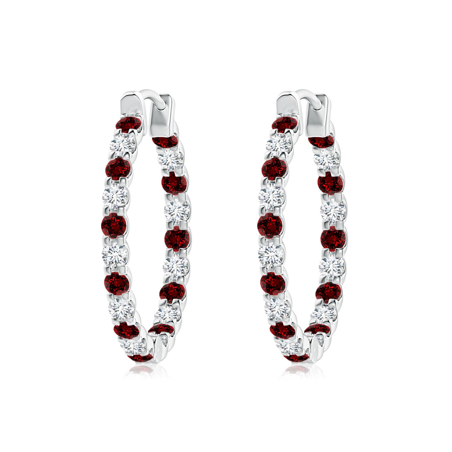 2mm Labgrown Lab-Grown Prong-Set Ruby and Lab Diamond Inside Out Hoop Earrings in White Gold
