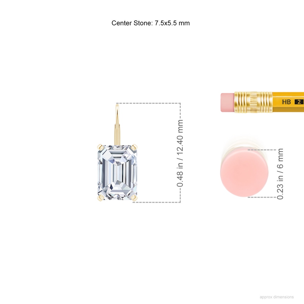 7.5x5.5mm FGVS Emerald-Cut Lab-Grown Diamond Solitaire Leverback Earrings in Yellow Gold ruler