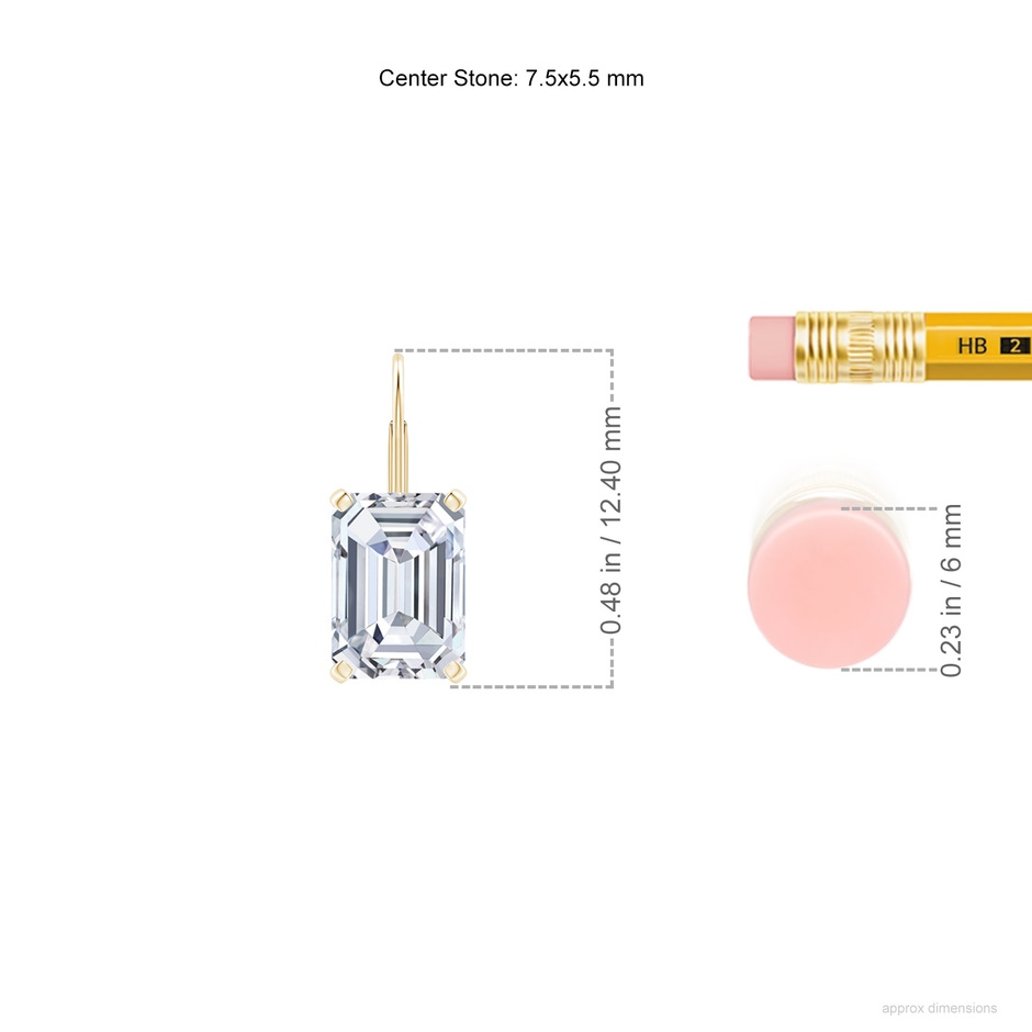 7.5x5.5mm FGVS Emerald-Cut Lab-Grown Diamond Solitaire Leverback Earrings in Yellow Gold ruler
