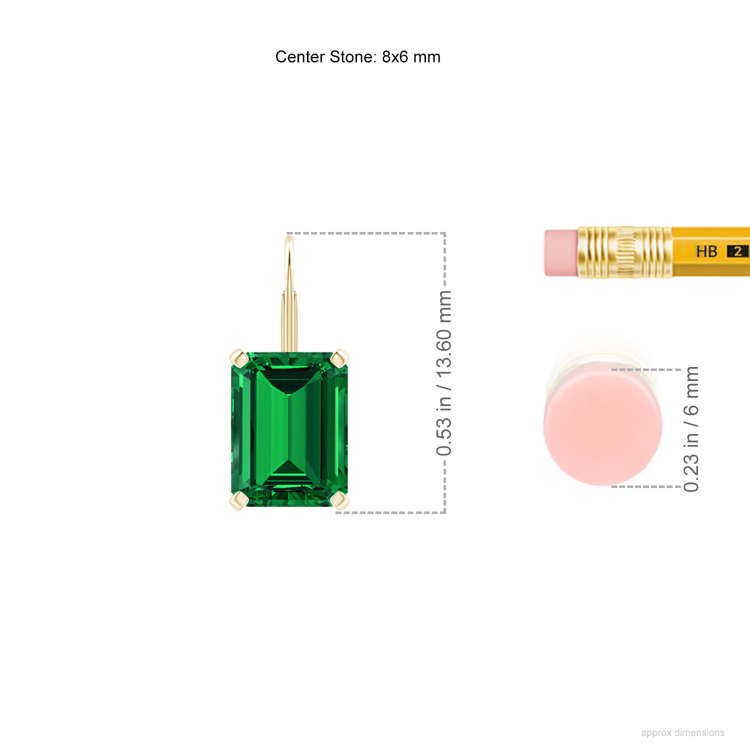 8x6mm Labgrown Emerald-Cut Lab-Grown Emerald Solitaire Leverback Earrings in Yellow Gold - ruler