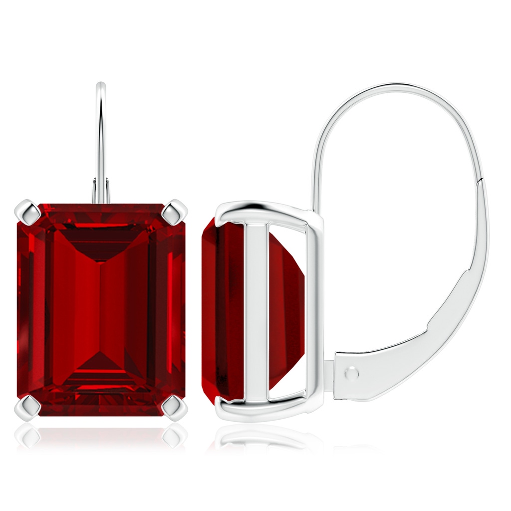 10x8mm Labgrown Emerald-Cut Lab-Grown Ruby Solitaire Leverback Earrings in White Gold