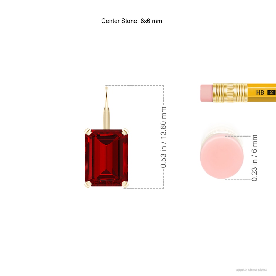 8x6mm Labgrown Emerald-Cut Lab-Grown Ruby Solitaire Leverback Earrings in 18K Yellow Gold ruler