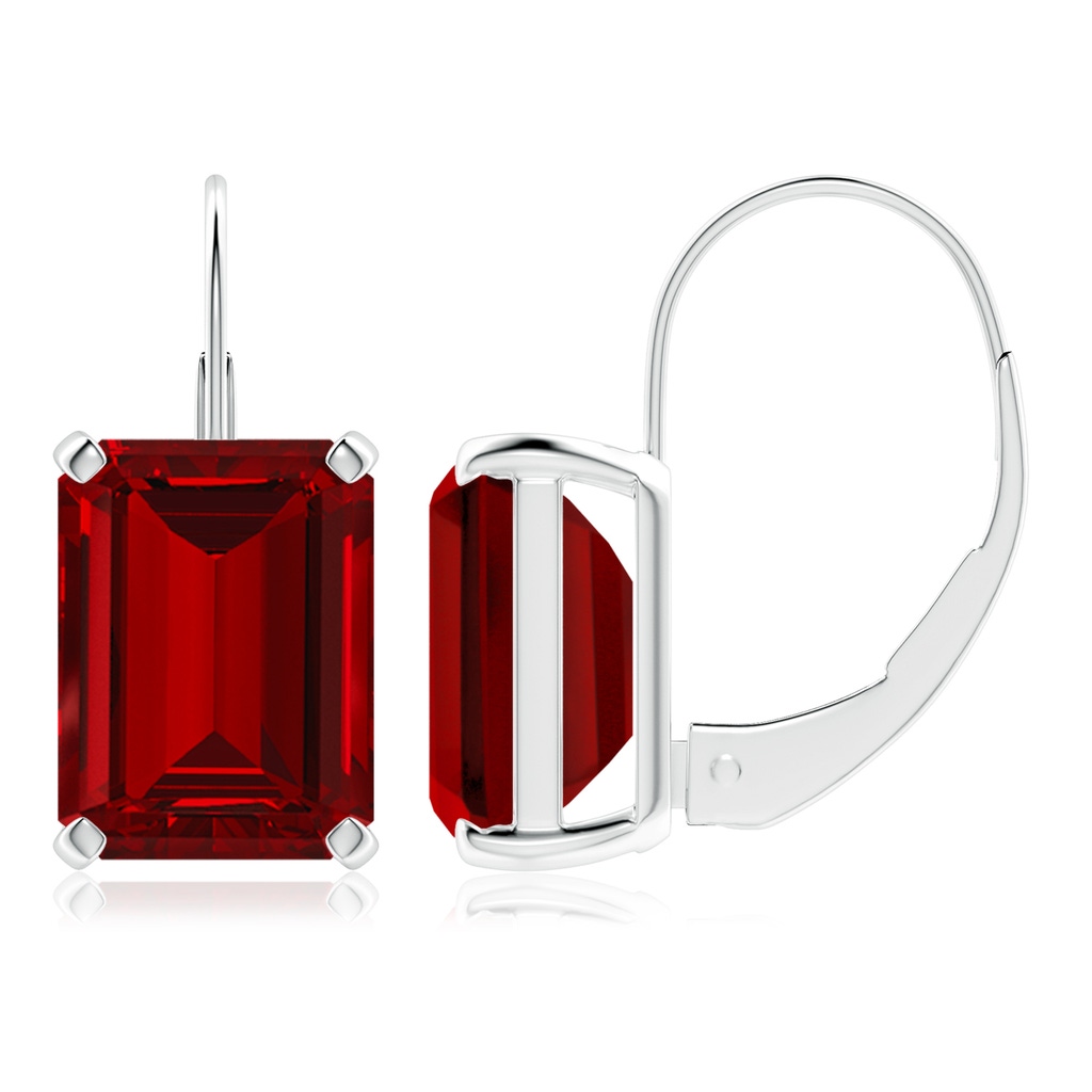 9x7mm Labgrown Emerald-Cut Lab-Grown Ruby Solitaire Leverback Earrings in White Gold