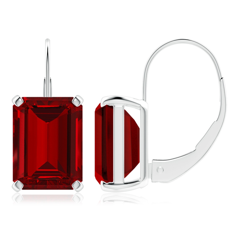 9x7mm Labgrown Emerald-Cut Lab-Grown Ruby Solitaire Leverback Earrings in White Gold 