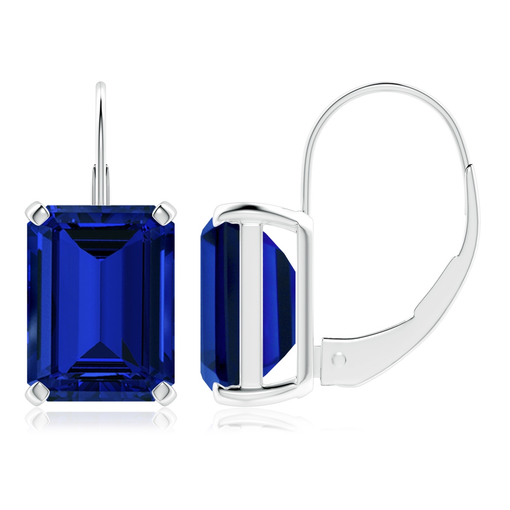 9x7mm Labgrown Emerald-Cut Lab-Grown Blue Sapphire Solitaire Leverback Earrings in 10K White Gold