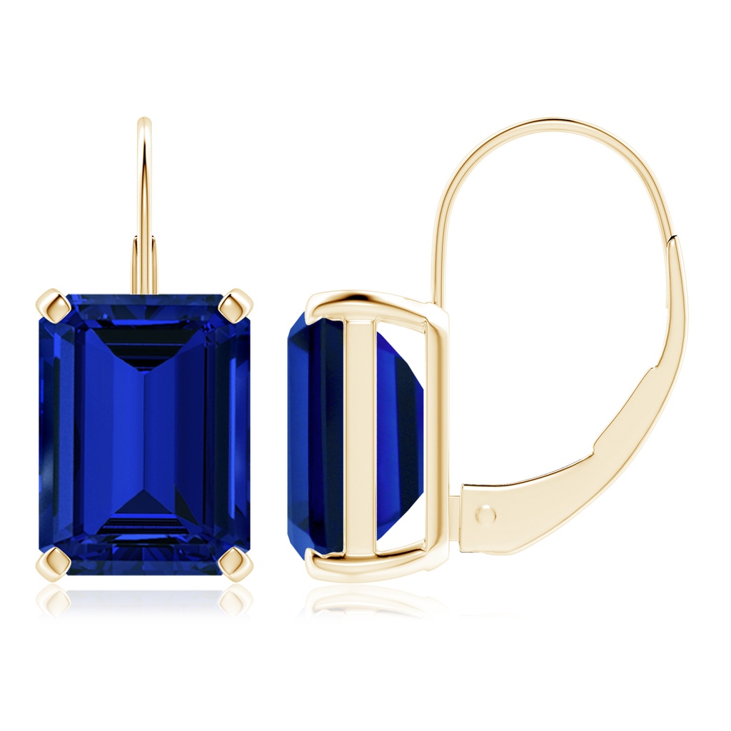 9x7mm Labgrown Emerald-Cut Lab-Grown Blue Sapphire Solitaire Leverback Earrings in Yellow Gold