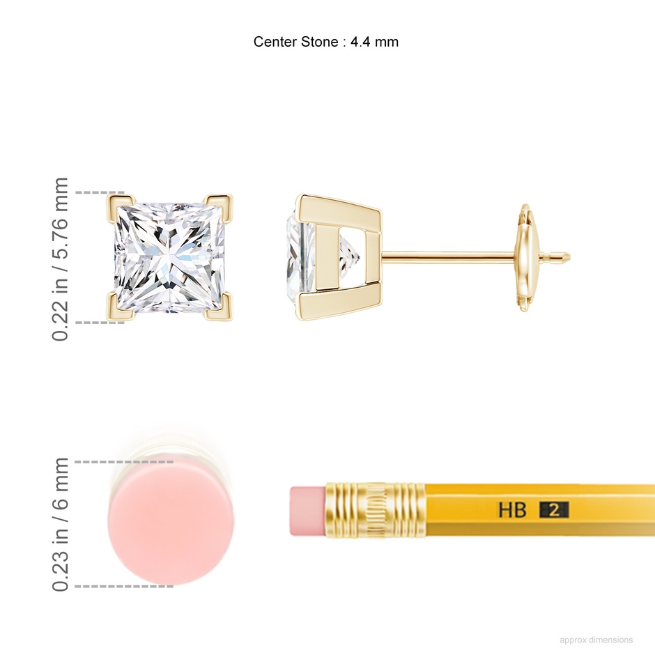 4.4mm FGVS V-Prong Set Princess-Cut Lab-Grown Diamond Solitaire Stud Earrings in 18K Yellow Gold ruler