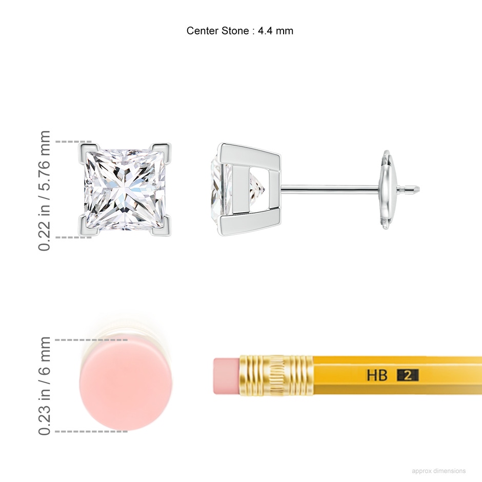 4.4mm FGVS V-Prong Set Princess-Cut Lab-Grown Diamond Solitaire Stud Earrings in White Gold ruler