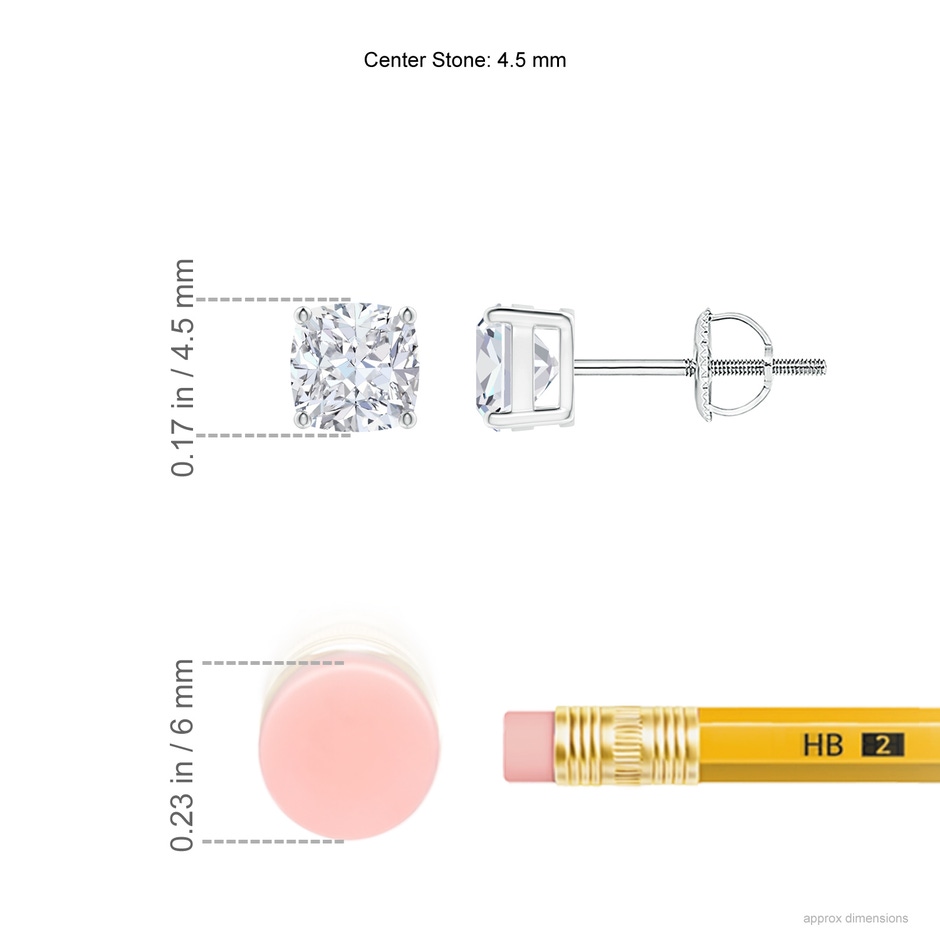 4.5mm FGVS Lab-Grown-Cushion Diamond Solitaire Stud Earrings in White Gold ruler