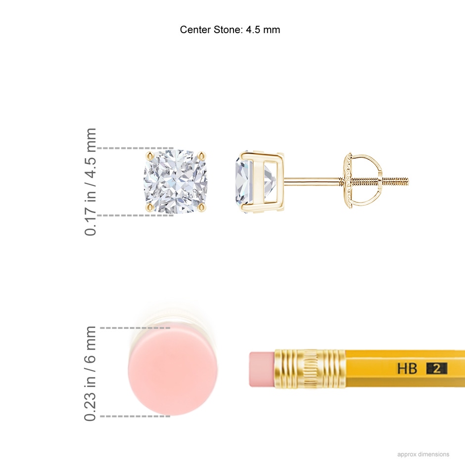 4.5mm FGVS Lab-Grown-Cushion Diamond Solitaire Stud Earrings in Yellow Gold ruler