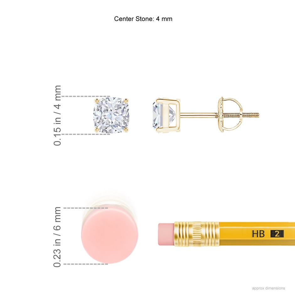 4mm FGVS Lab-Grown-Cushion Diamond Solitaire Stud Earrings in Yellow Gold ruler