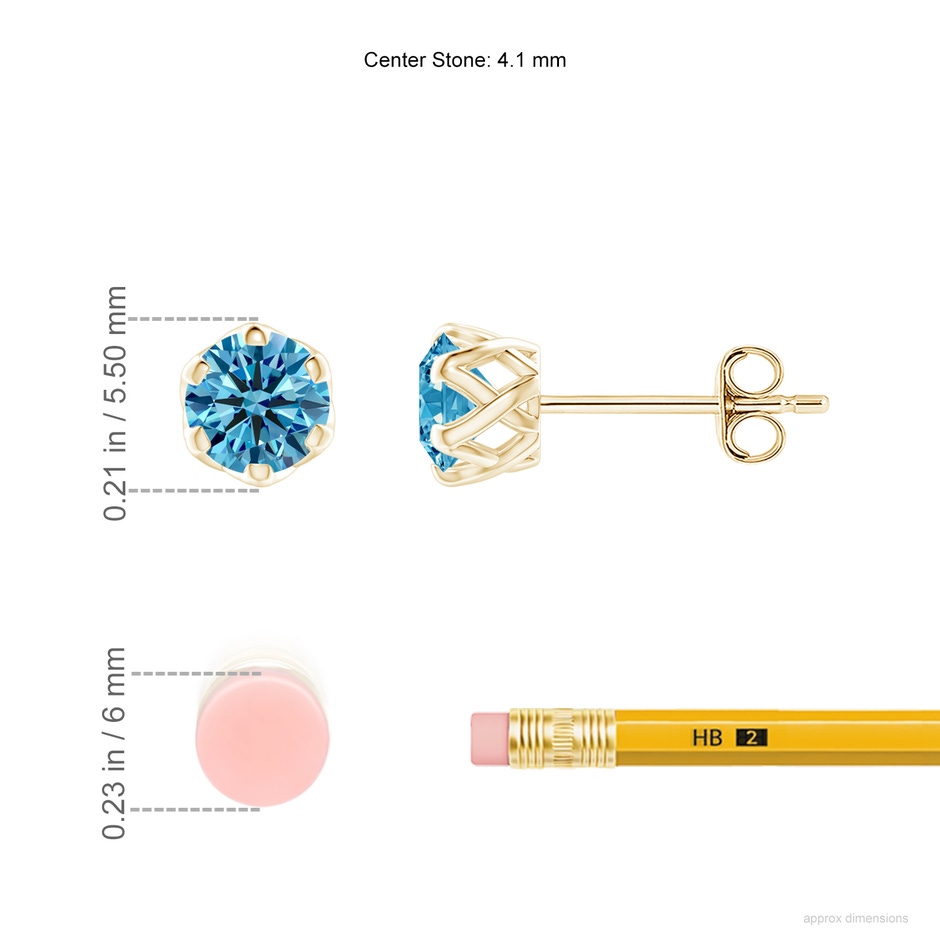 4.1mm Labgrown Six Prong-Set Lab-Grown Fancy Intense Blue Diamond Solitaire Filigree Stud Earrings in Yellow Gold ruler