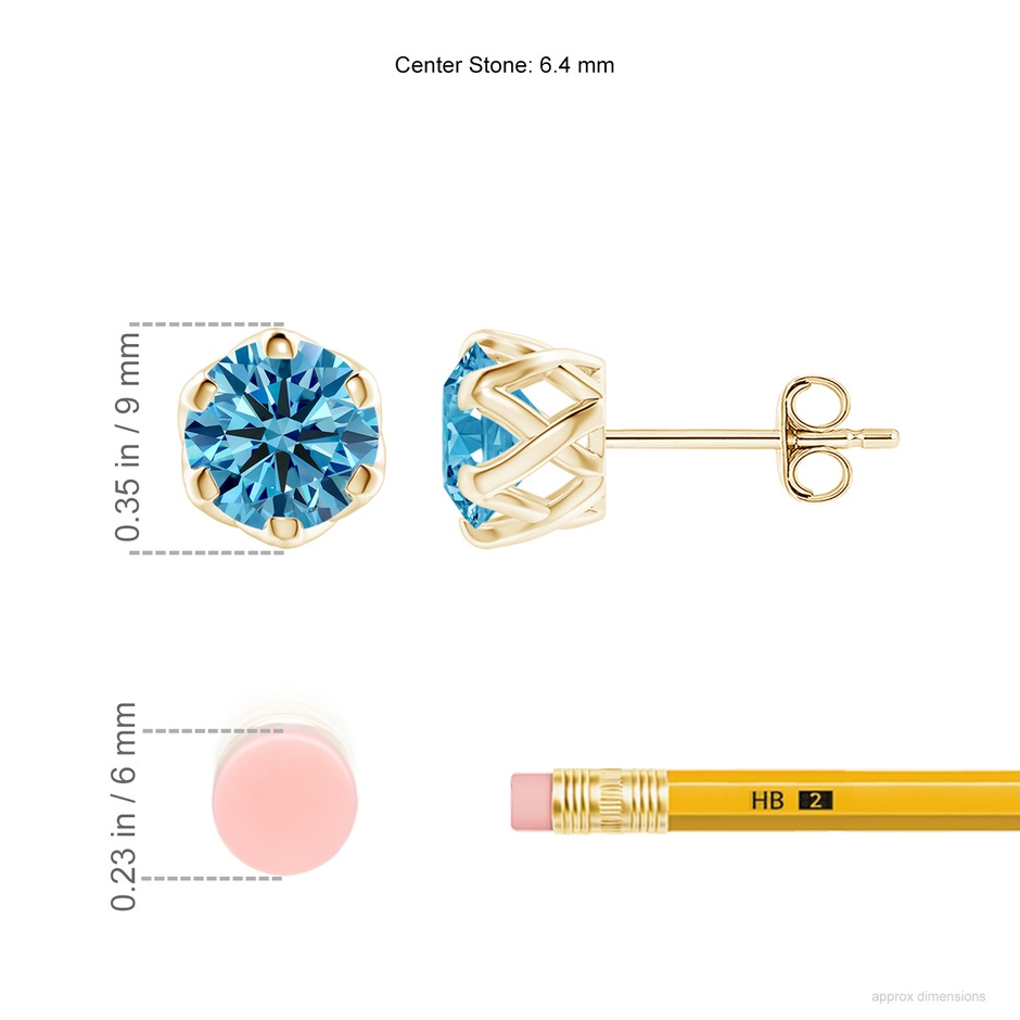 6.4mm Labgrown Six Prong-Set Lab-Grown Fancy Intense Blue Diamond Solitaire Filigree Stud Earrings in 18K Yellow Gold ruler