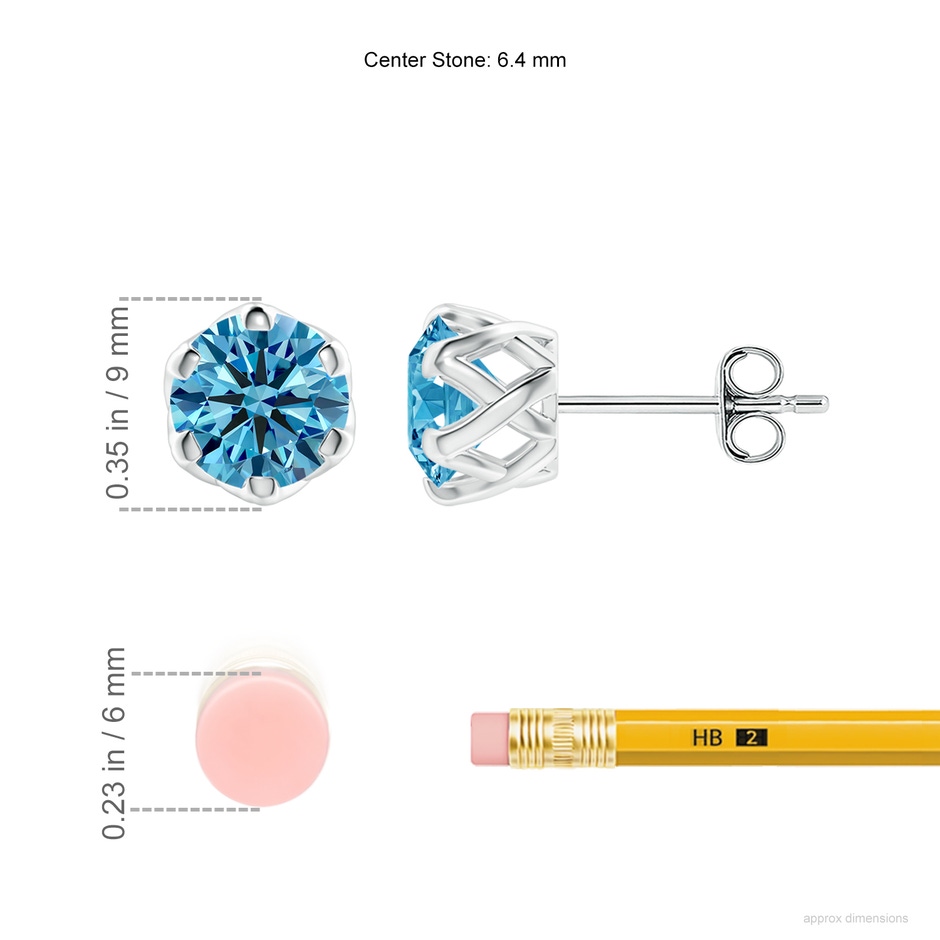 6.4mm Labgrown Six Prong-Set Lab-Grown Fancy Intense Blue Diamond Solitaire Filigree Stud Earrings in P950 Platinum ruler