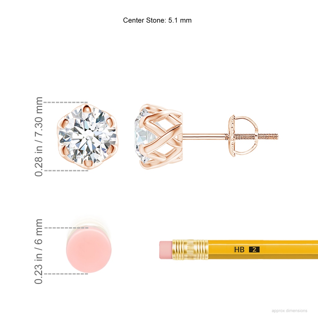 5.1mm FGVS Lab-Grown Six Prong-Set Diamond Solitaire Filigree Stud Earrings in Rose Gold ruler