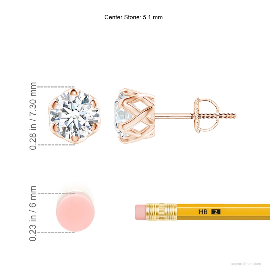 5.1mm FGVS Lab-Grown Six Prong-Set Diamond Solitaire Filigree Stud Earrings in Rose Gold ruler