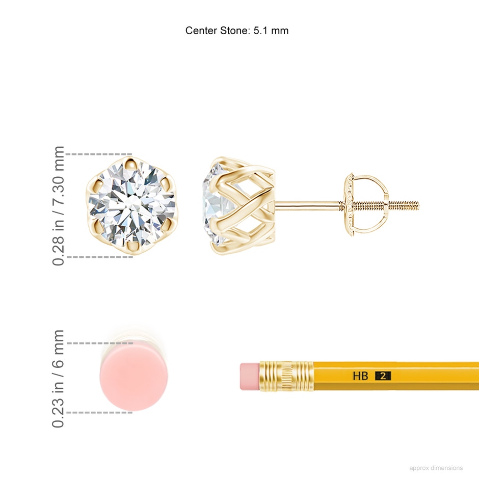 5.1mm FGVS Lab-Grown Six Prong-Set Diamond Solitaire Filigree Stud Earrings in Yellow Gold ruler