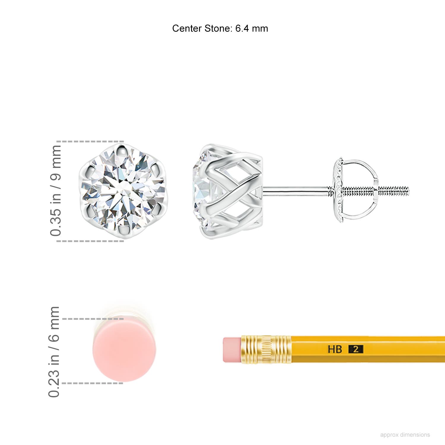 6.4mm FGVS Lab-Grown Six Prong-Set Diamond Solitaire Filigree Stud Earrings in White Gold - ruler