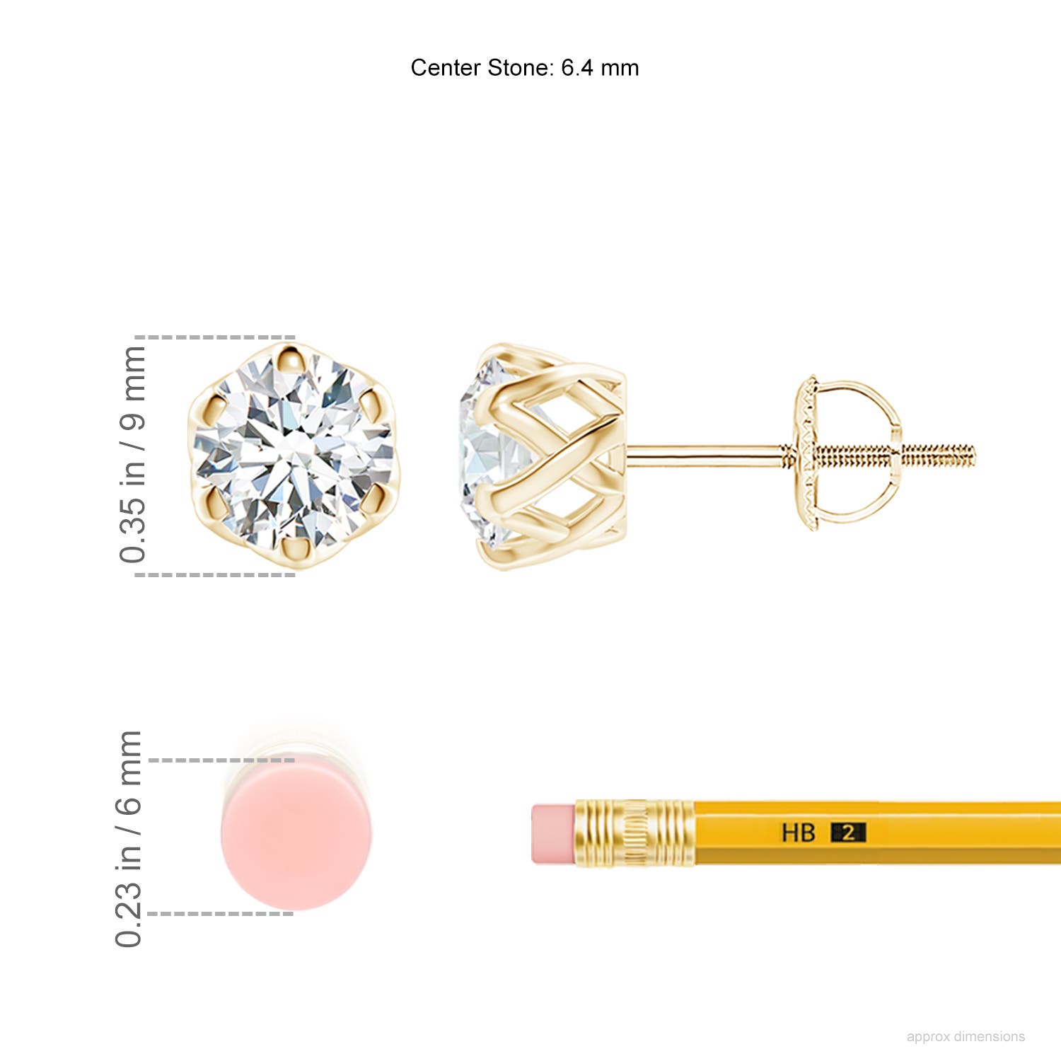 6.4mm FGVS Lab-Grown Six Prong-Set Diamond Solitaire Filigree Stud Earrings in Yellow Gold - ruler