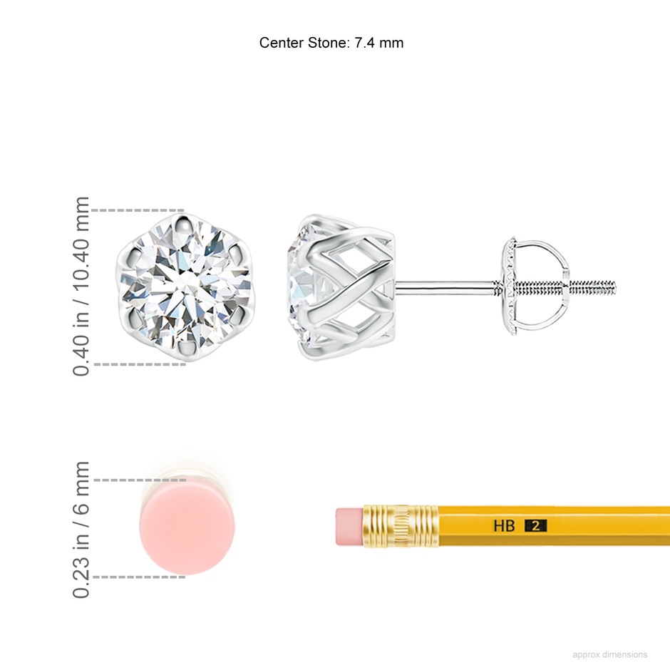 7.4mm FGVS Lab-Grown Six Prong-Set Diamond Solitaire Filigree Stud Earrings in White Gold ruler