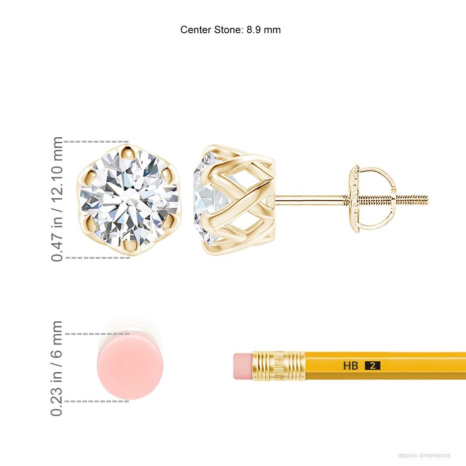 8.9mm FGVS Lab-Grown Six Prong-Set Diamond Solitaire Filigree Stud Earrings in Yellow Gold ruler